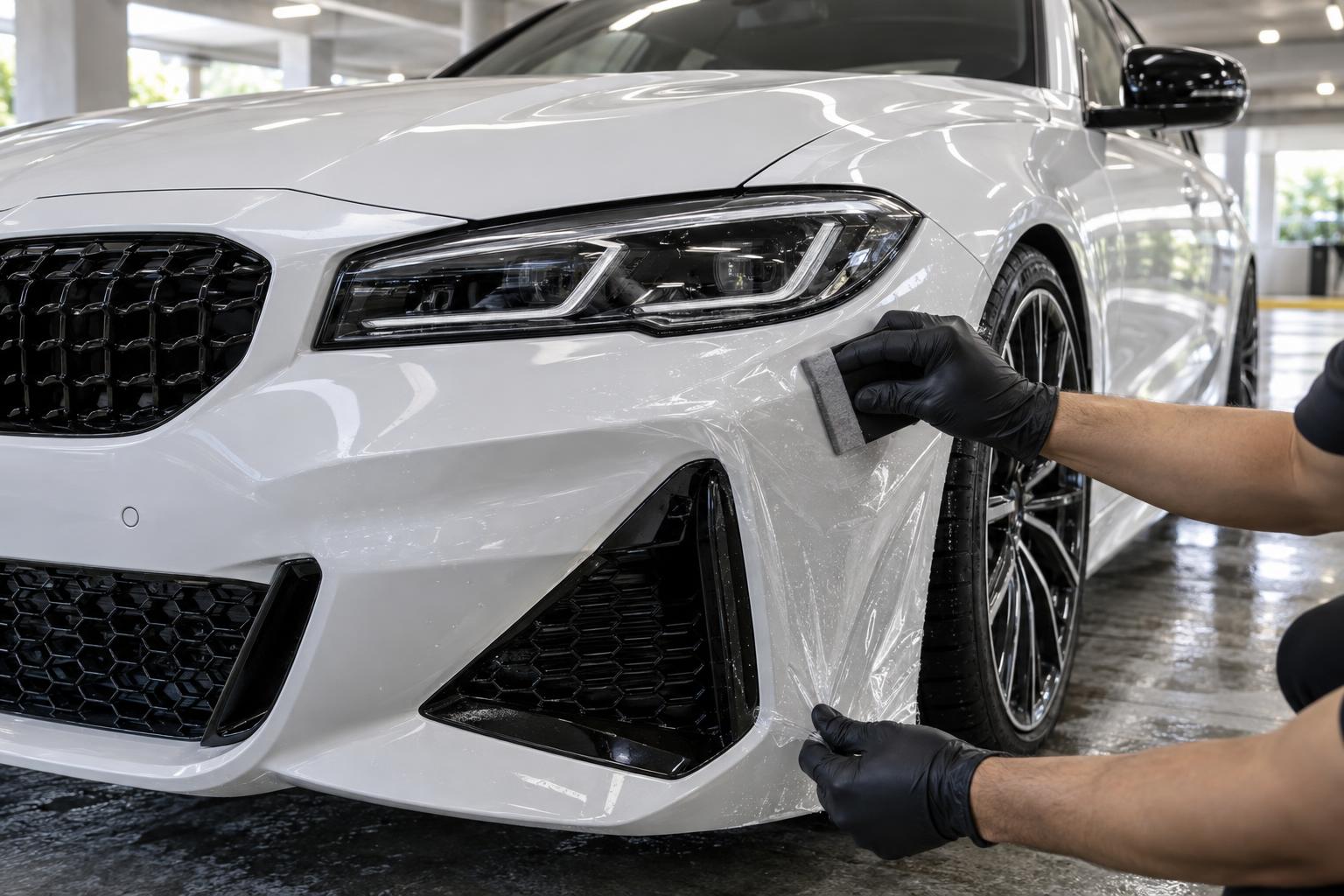 Detailer applying paint protection film to the front bumper of a white sedan