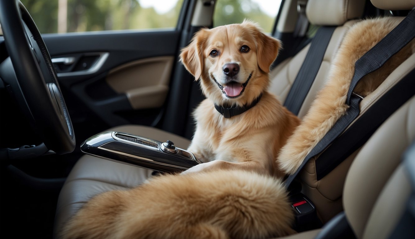A hand-held vacuum removes dog hair from a car seat