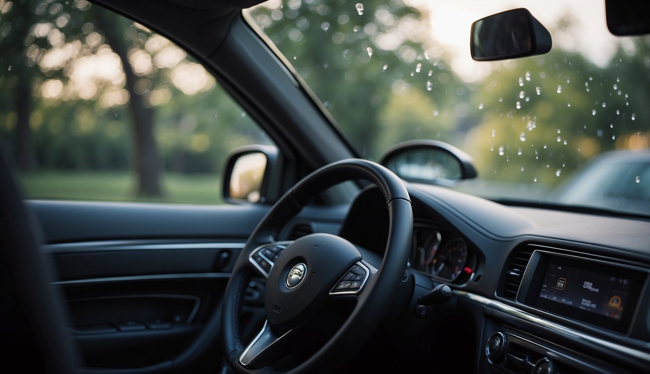A car interior with an open window, a commercial air freshener hanging from the rearview mirror, and a clean, fresh scent filling the space