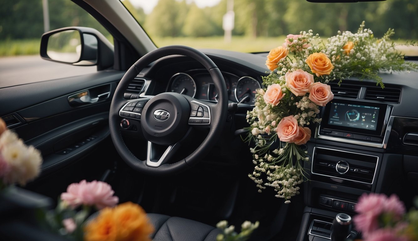 A car interior with fresh flowers, an open box of scented air fresheners, and a clean, vacuumed floor