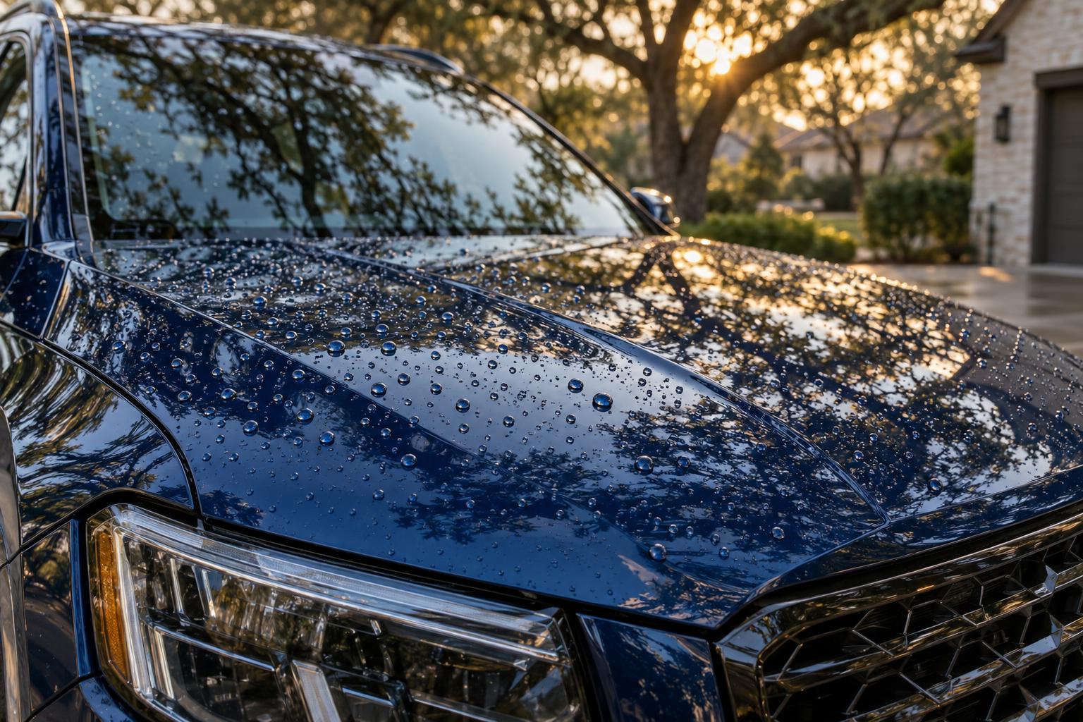 Water beading on the ceramic coated hood of a navy SUV in an Austin, TX driveway