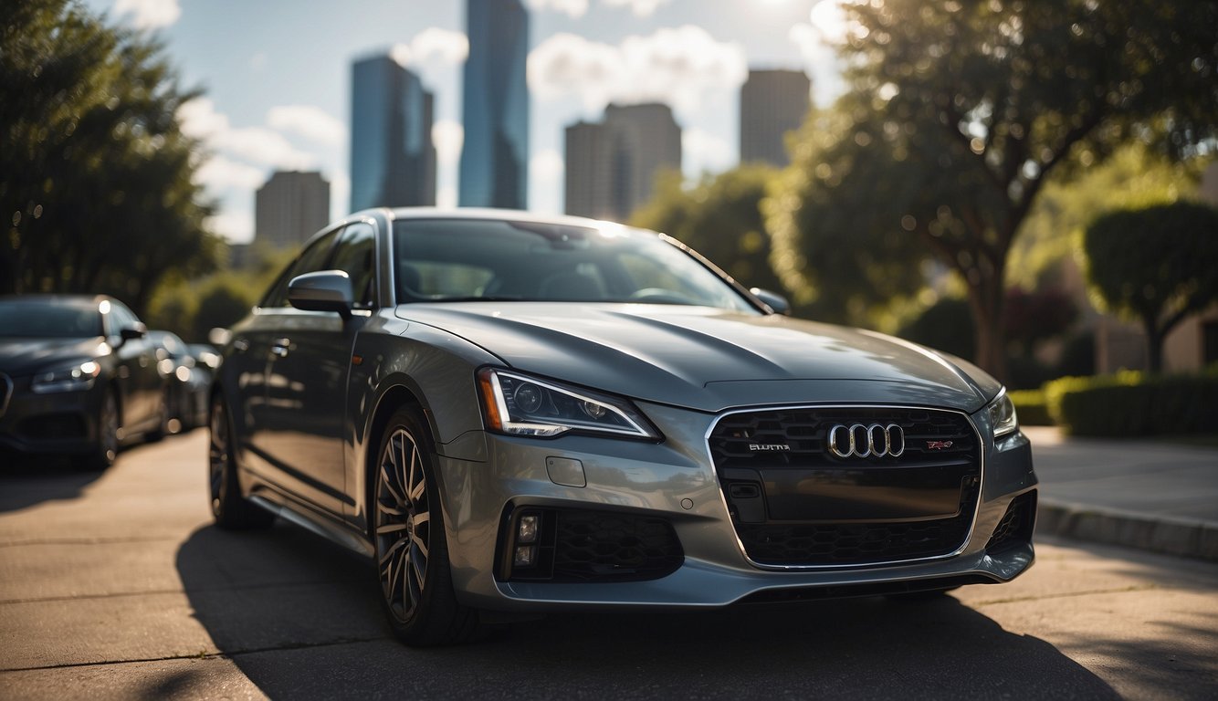 A shiny car being meticulously detailed in a driveway, surrounded by professional detailing equipment and products, with the Austin, TX skyline in the background