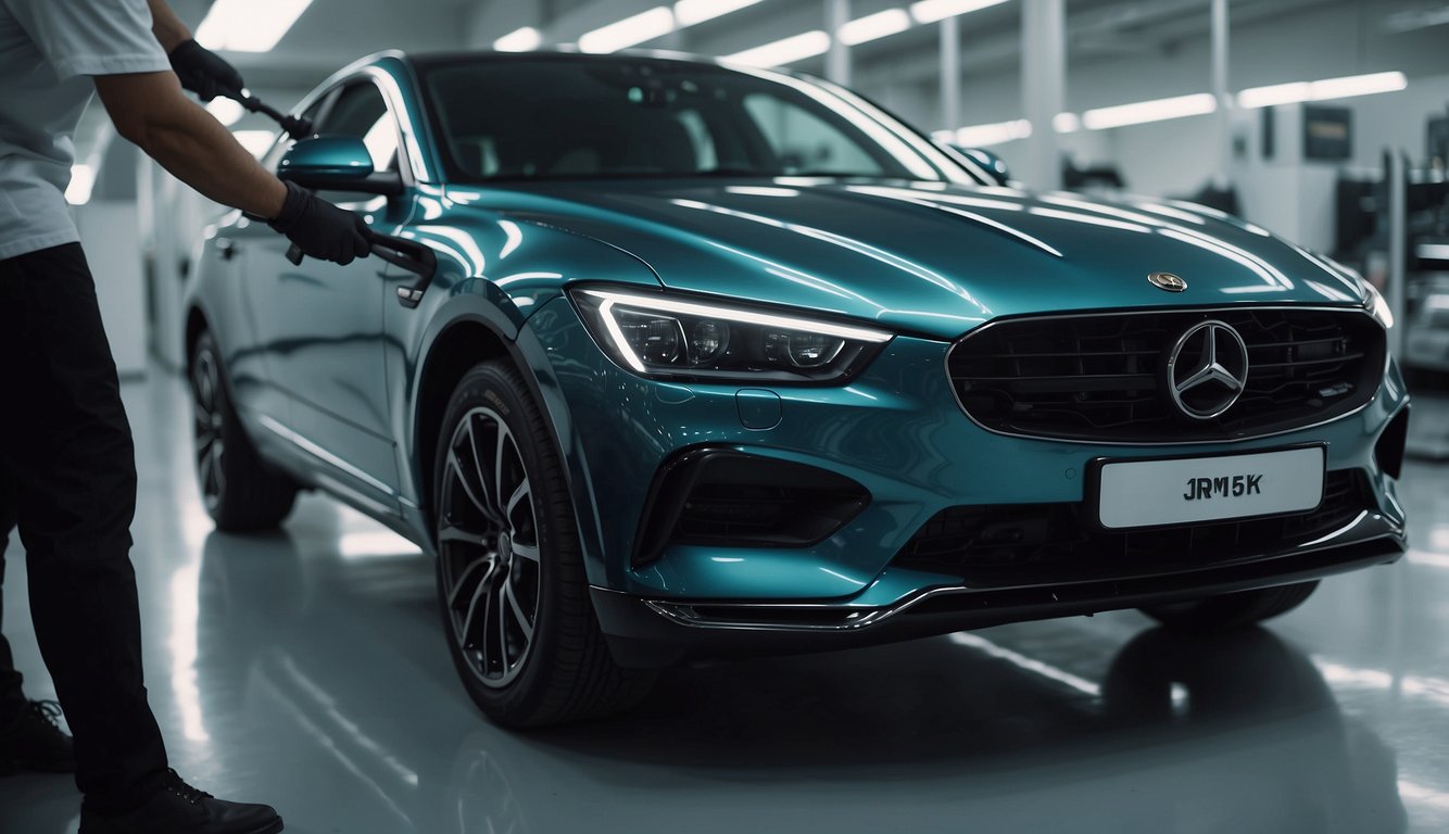 A sleek, shiny car being meticulously coated with ceramic finish by a professional detailer in a mobile service setting