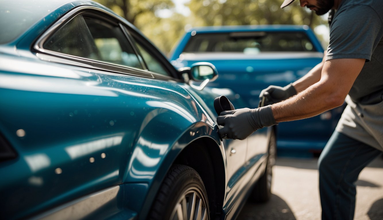 A shiny car being meticulously cleaned and coated with ceramic treatment in a mobile detailing setup in Austin, TX