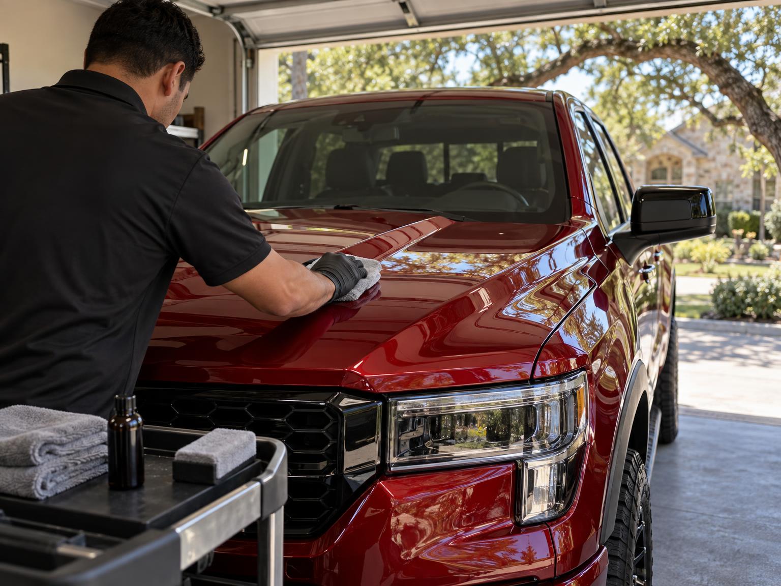 Brightside Detailing technician applying ceramic coating to a red pickup truck in a home garage in Austin, TX